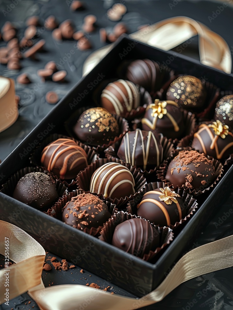 Aufkleber Luxurious box of assorted chocolates with elegant ribbons on a table. Generative AI