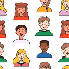 Kids different user profile. Seamless pattern. Pretty girl and boy. Young people. Vector drawing. Design ornaments.