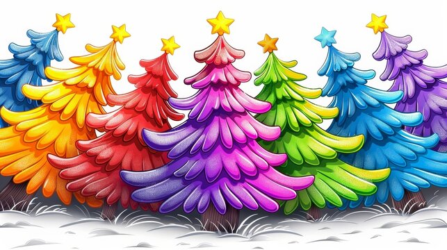A group of colorful christmas trees with stars on them, AI