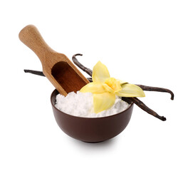Bowl of vanilla powder with sticks and flower on white background