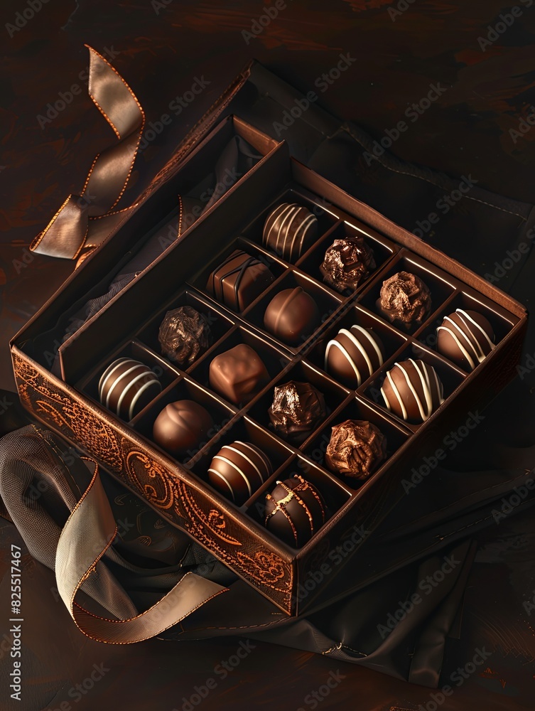 Poster a detailed painting of an elegant box of chocolates on a table, showcasing luxurious presentation wi