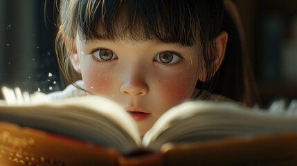 Close up of attractive child reading a book while looking at camera. Elementary student holding fairy tale novel book or bedtime stories with blurring background. Creative activity concept. AIG42. © InfiniteFlow