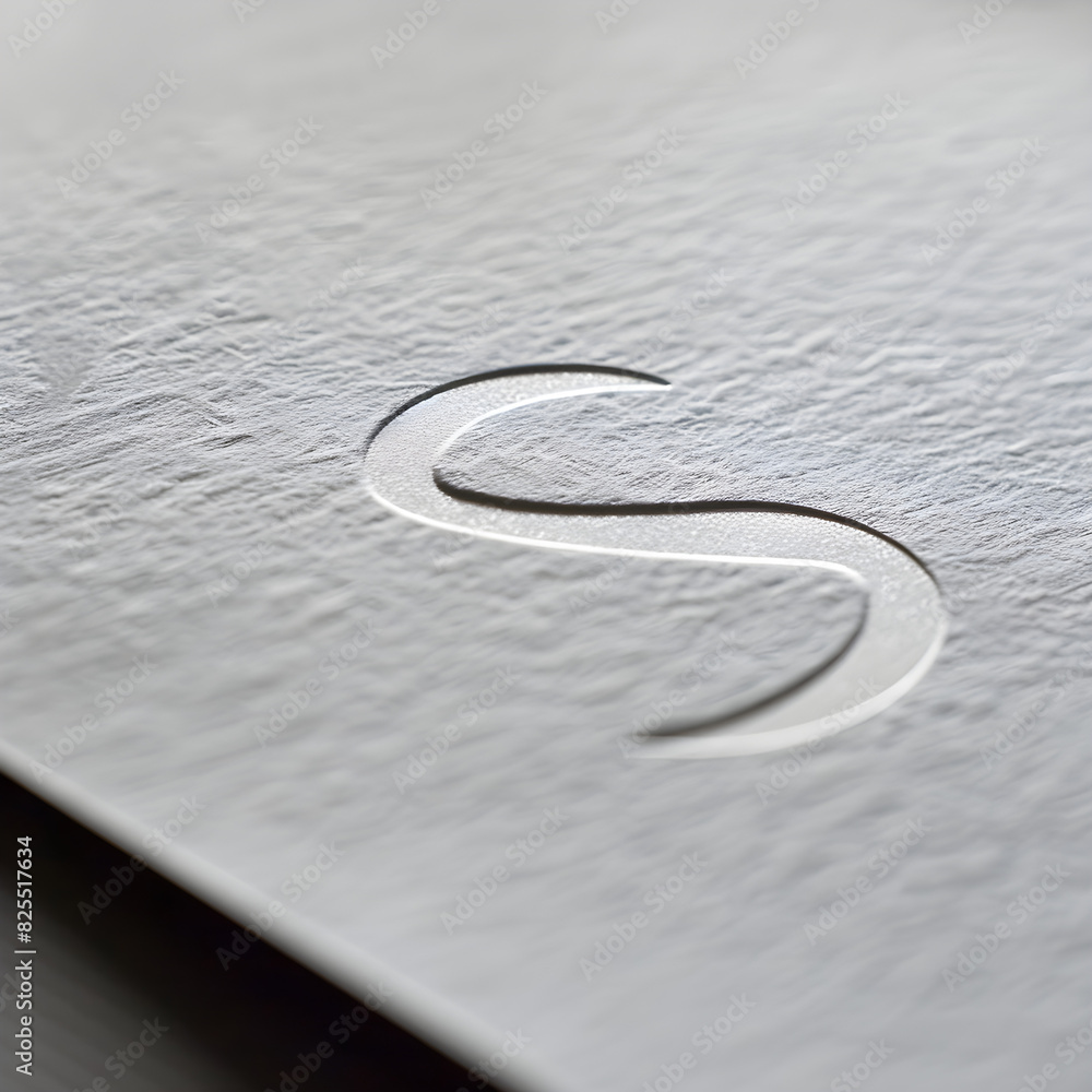 Poster macro shot of a stylish embossed letter 's' on textured paper, showcasing fine detail and craftsmans