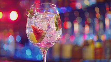 A refreshing gin and tonic with a funky twist inspired by the energetic sounds of 70s disco being poured at the glittery bar counter.