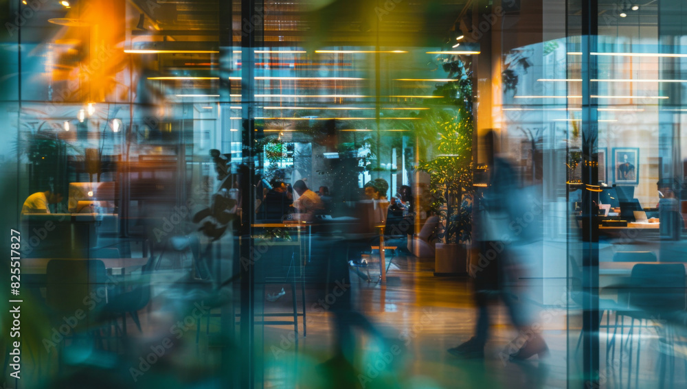 Poster a blurred background of an open office space shows people in motion, creating the impression that th