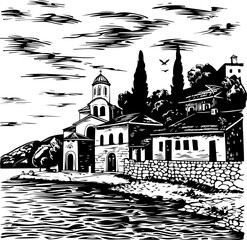 Black and White Coastal Village Illustration with Church