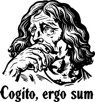 Philosopher Deep in Thought with 'Cogito, Ergo Sum' Text