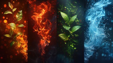 Abstract Concept Art of the Four Elements: Earth, Fire, Air, Water - A Harmonious Blend of Nature’s Forces