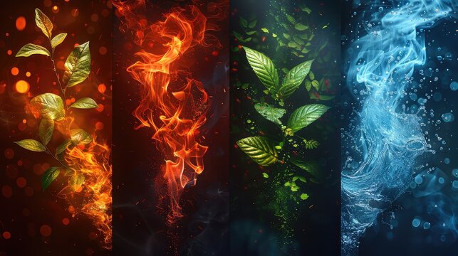 Abstract Concept Art of the Four Elements: Earth, Fire, Air, Water - A Harmonious Blend of Nature&rsquo;s Forces
