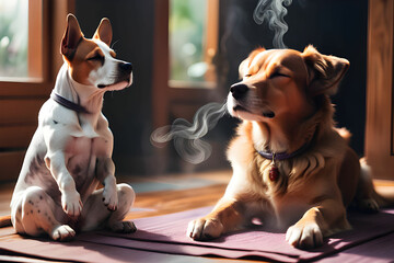 A cute dog is immersed in meditation while smelling aroma oil.