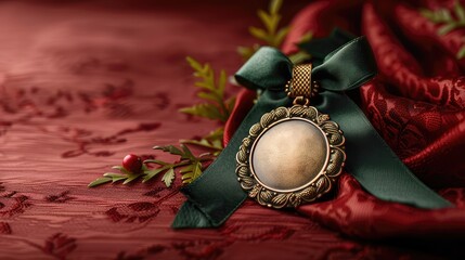Gold Medal Adorned with Green Ribbon on Red Velvet - A Symbol of Achievement and Honor