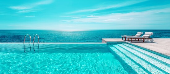 Obraz premium Infinity pool overlooking the ocean with lounge chairs on a sunny day, luxury vacation and relaxation concept, with ample copy space.
