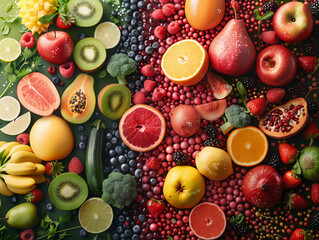 Fruit Vegetable Presentation, Veggie Fruits display wallpaper, Assortment of Fruits and Vegetables Background, Healthy fresh rainbow colored fruits and vegetables in a row
