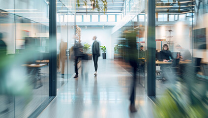 A blurred background of an open office space shows people in motion, creating the impression that they could be moving towards or away from the camera, symbolizing business activity and movement.