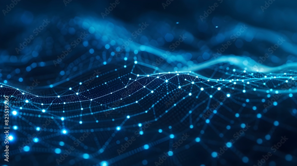 Poster blurred data science background in blue colors. abstract network of dots and lines