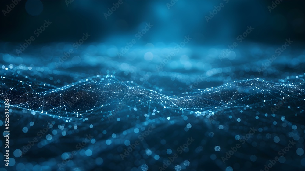 Poster blurred data science background in blue colors. abstract network of dots and lines