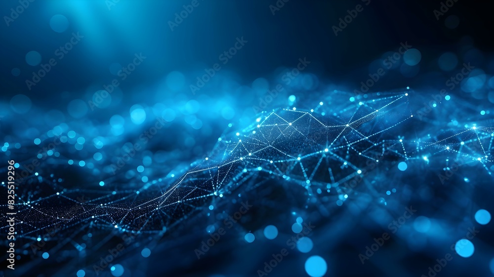 Poster blurred data science background in blue colors. abstract network of dots and lines