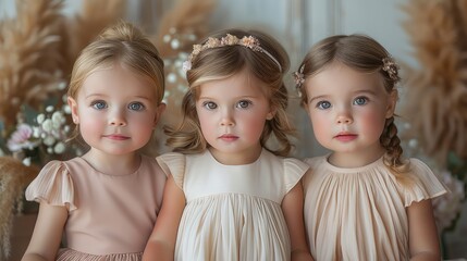 Three Young Children in Pastel Dresses with Floral Hair Accessories