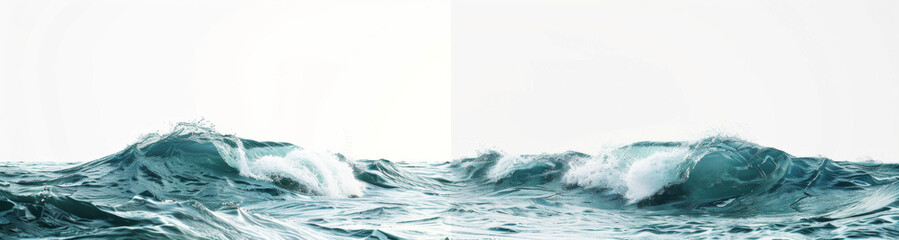 Two images side by side, wave in the ocean on white background, hyper realistic photography.