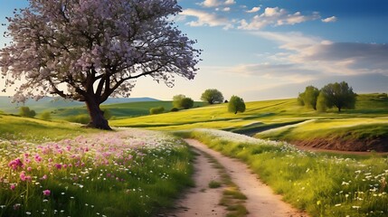 Obraz premium Idyllic countryside scene with a winding dirt road and wildflowers in bloom