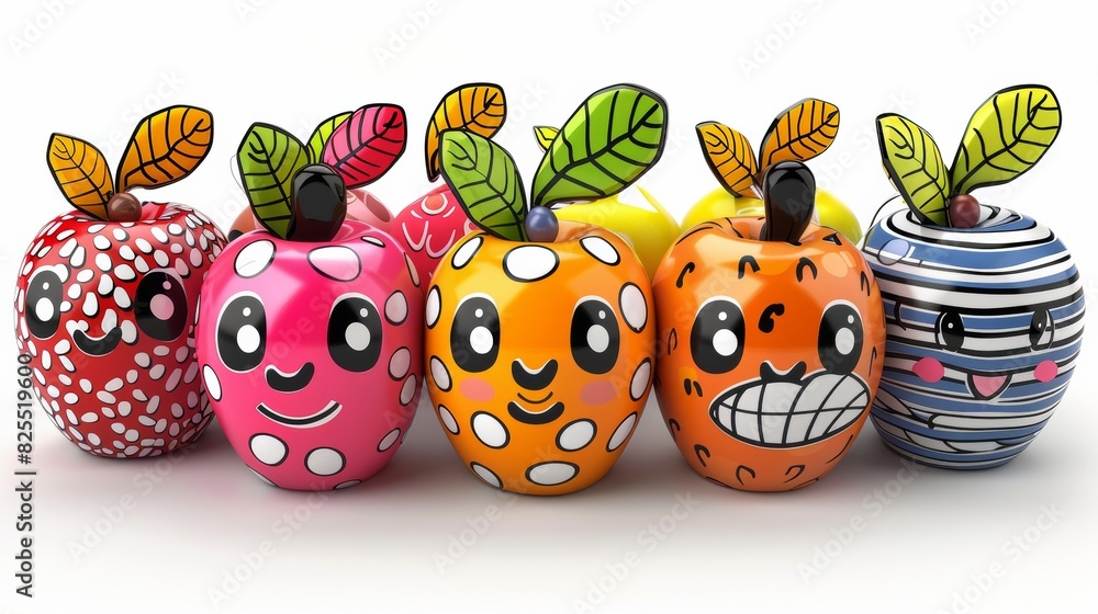 Poster A group of colorful apples with faces and leaves on them, AI