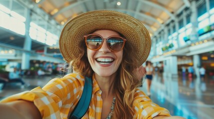 beautiful woman taking a selfie at the airport wearing glasses and hat