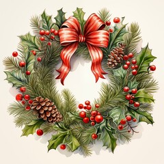 Christmas holiday wreath with red ribbon against white background, watercolor illustration 