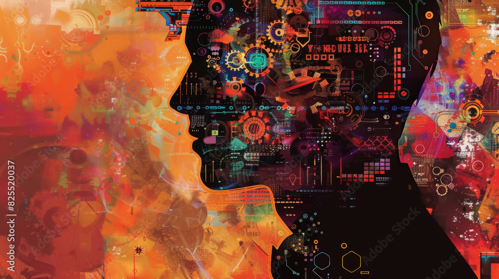 Poster Creative technology: human silhouette with circuitry and abstract elements in digital artwork