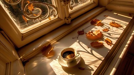   Cup of coffee on a windowsill with autumn foliage nearby