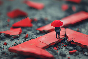 A tiny businessman hiding under a red umbrella from the rubble of a broken red statistic arrow.