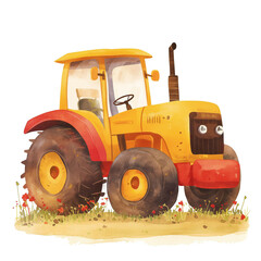 Illustration of funny green tracktor watercolor on white background