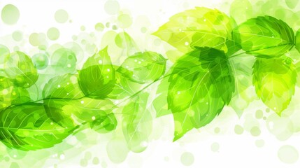Green leaves on a white background with abstract circles in bright green shades of illustration art