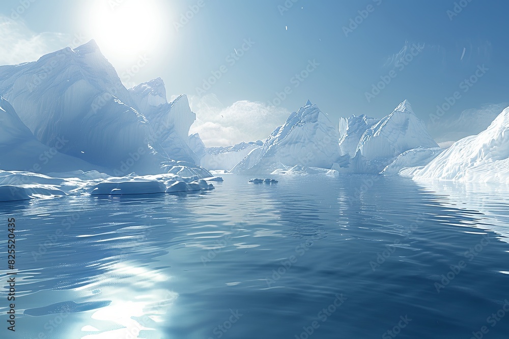 Poster Multiple icebergs are seen floating in the ocean, reflecting light on their icy surface. Generative AI