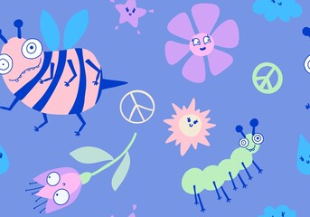 Cartoon summer print seamless bee and flower and sun and clouds and peace sign