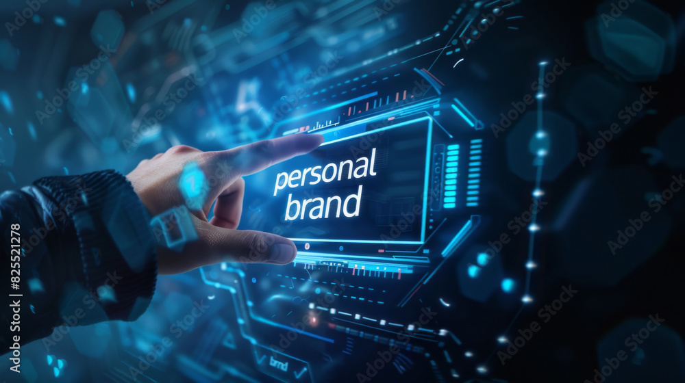 Aufkleber hand touching futuristic interface with 'personal brand' text illuminated