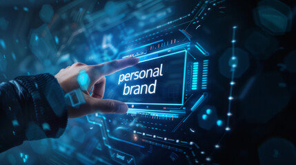 Hand touching futuristic interface with 'personal brand' text illuminated
