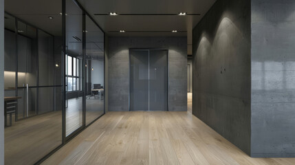 Sleek contemporary office space with glass walls, concrete and wooden floors illuminated by subtle lighting