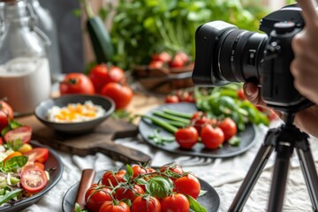 Dslr camera capturing vibrant tomatoes and herbs on a rustic kitchen table