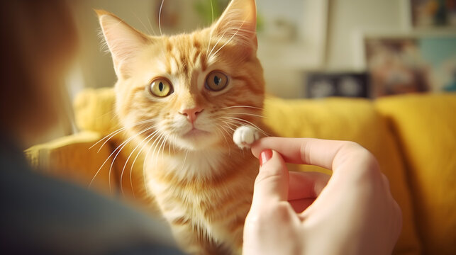 A red cat who was grabbed by the scruff of the neck with his hand. Portrait of an animal, punishment for a misdemeanor. animal abuse.
