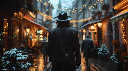 Obraz premium Man in a Black Coat and Fedora Walking Through a Snowy Market