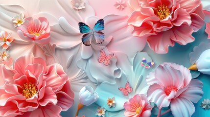 3D Flowers. Pink Floral Butterfly Wallpaper for Colourful Home Decor