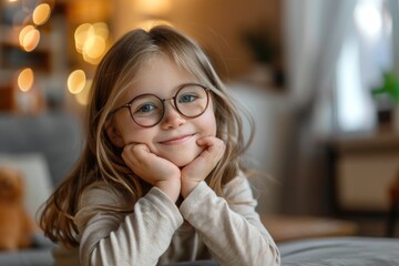 Child Eyeglasses. Smiling Girl Wearing Eyeglasses Sitting at Home with Hand on Chin