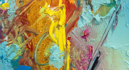 Multi-colored oil paints smeared on a palette, abstract background.