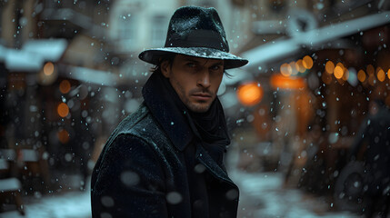 Man in a Black Coat and Fedora Walking Through a Snowy Market