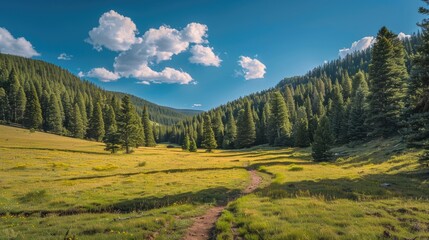 Alpine Trees. Hiking Trail through Grassy Meadow Towards Spruce and Fir Forest