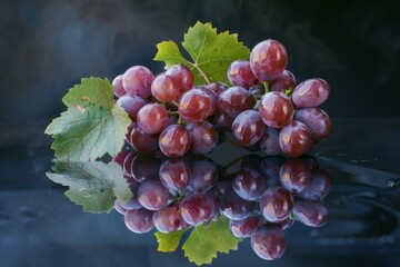 A bunch of red grapes with green leaves placed on a black surface