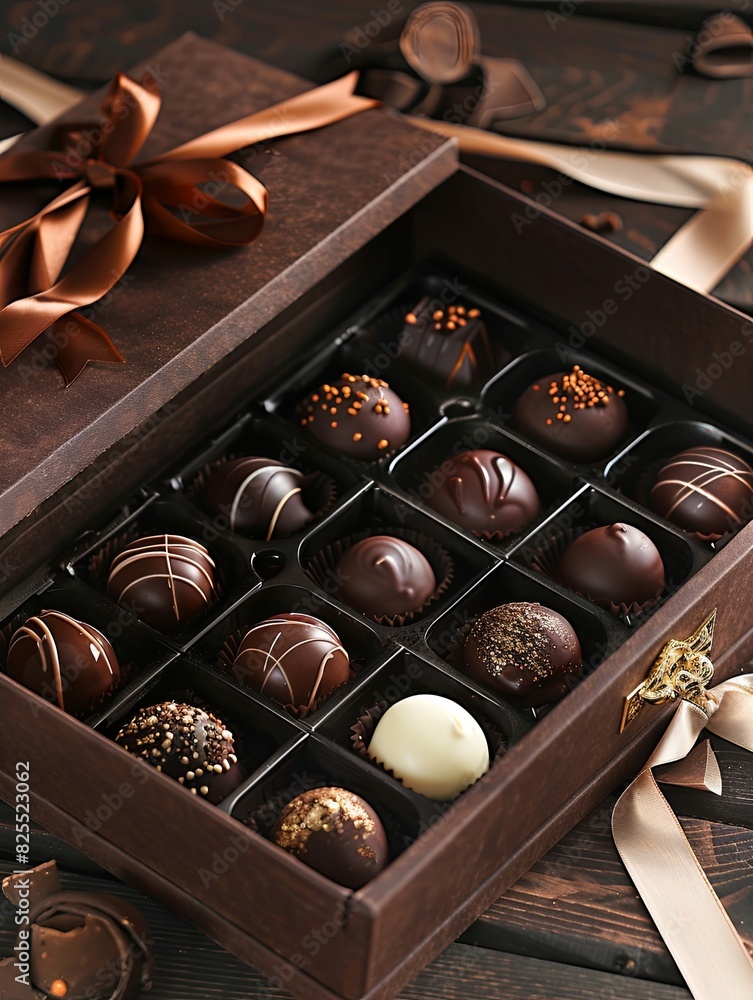 Poster a luxurious box of chocolate truffles with ribbons sits on a wooden table. generative ai