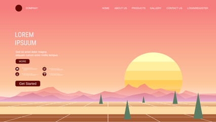 Modern trendy landing page vector design template. Red desert morning background
