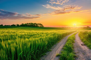 Fields Country Road. Natural Scenery of Green Wheat Fields and Country Road at Sunset
