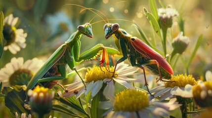 Insect-plant harmony. praying mantises, beetles, spiders coexisting with flowers in garden